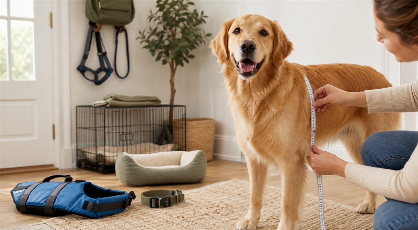 Dog owner measuring a dog for better fitting gear
